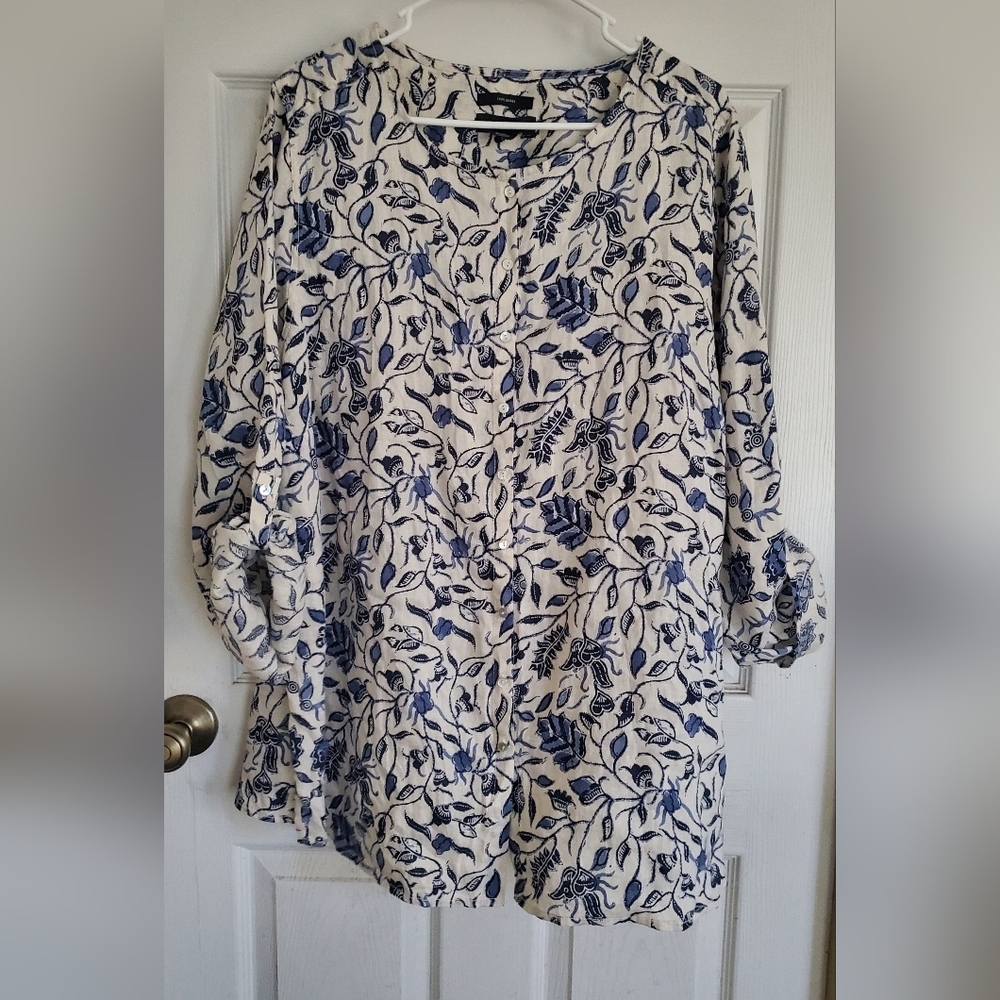 Tahari 100% Linen Women's Blue Floral Button-Front Tunic Top , Size 2X